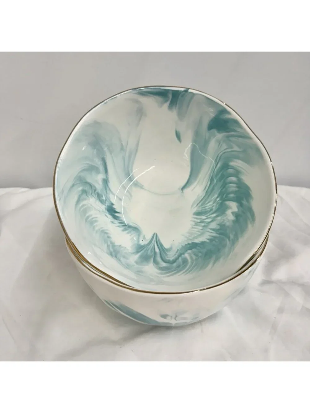 Glitter Ville Stephen Brown Bowl Aqua Swirl Gold Trim Bowl 7” Set Of 2